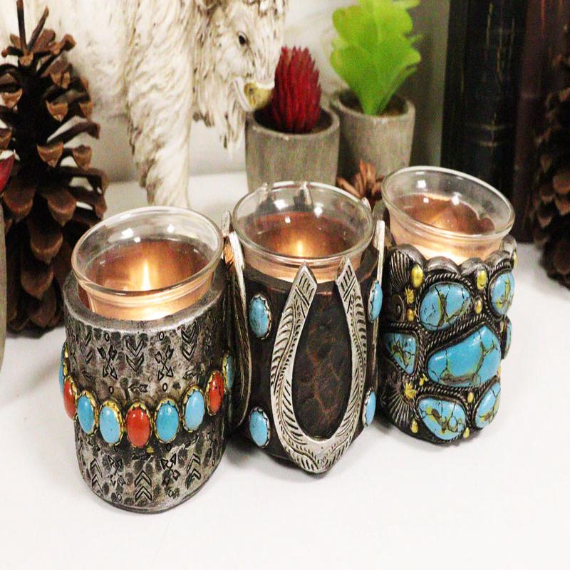 Rustic Western Horseshoe Turquoise Pebble Rocks 3 Votive Candles Holder Accent