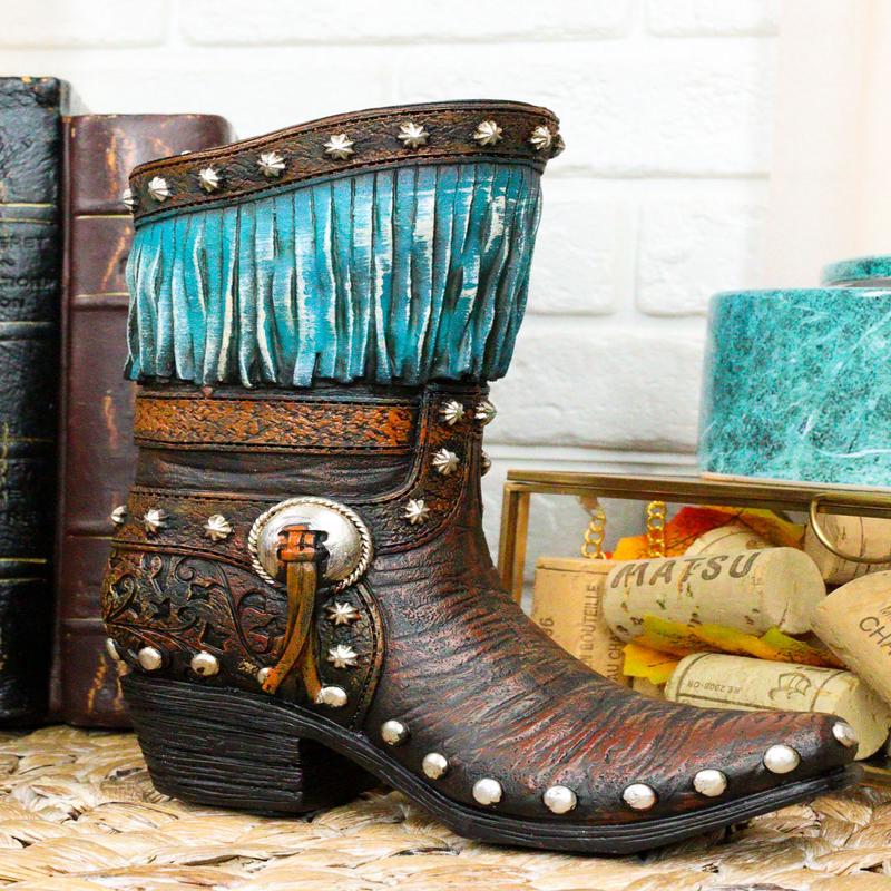 Rustic Western Tooled Leather Lace Patterns Boot Floral Vase With Blue Fringes
