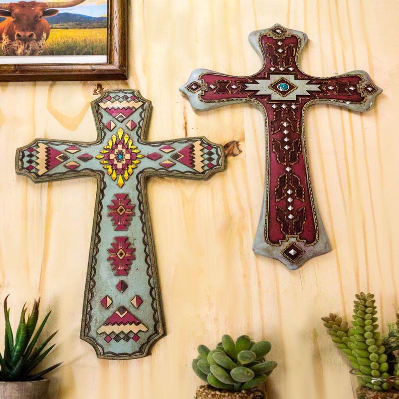 Set of 2 Rustic Southwestern Boho Aztec Mayan Tribal Vector Symbols Wall Crosses