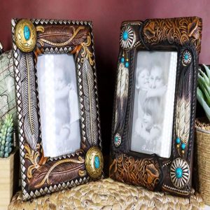 Set Of 2 Rustic Southwestern Boho Feathers Turquoise Gems Scroll Picture Frames