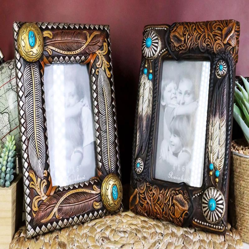 Set Of 2 Rustic Southwestern Boho Feathers Turquoise Gems Scroll Picture Frames