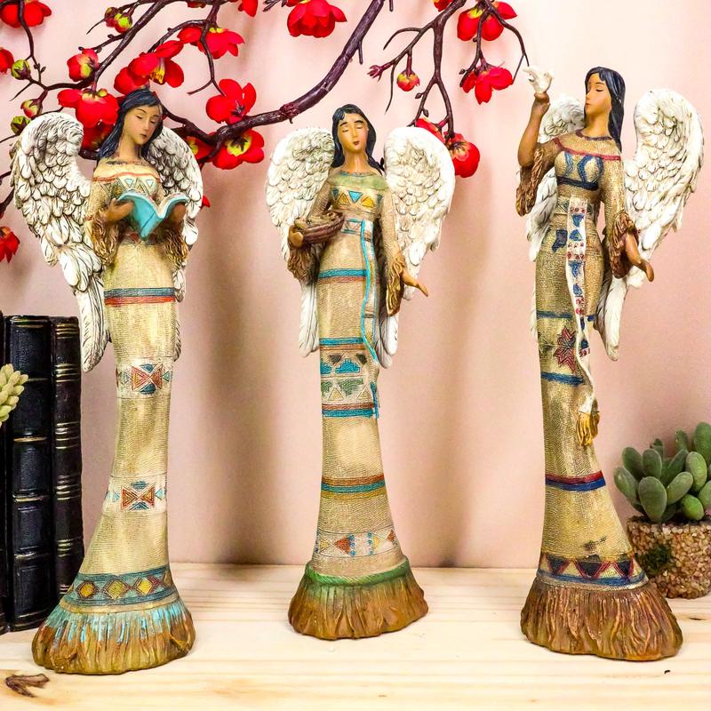 Set Of 3 Native American Female Angels Holding Bible Dove And Basket Figurines