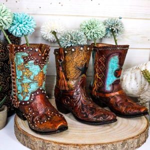 Set Of 3 Rustic Country Turquoise Cross Western Star And Frills Boot Vase Decors