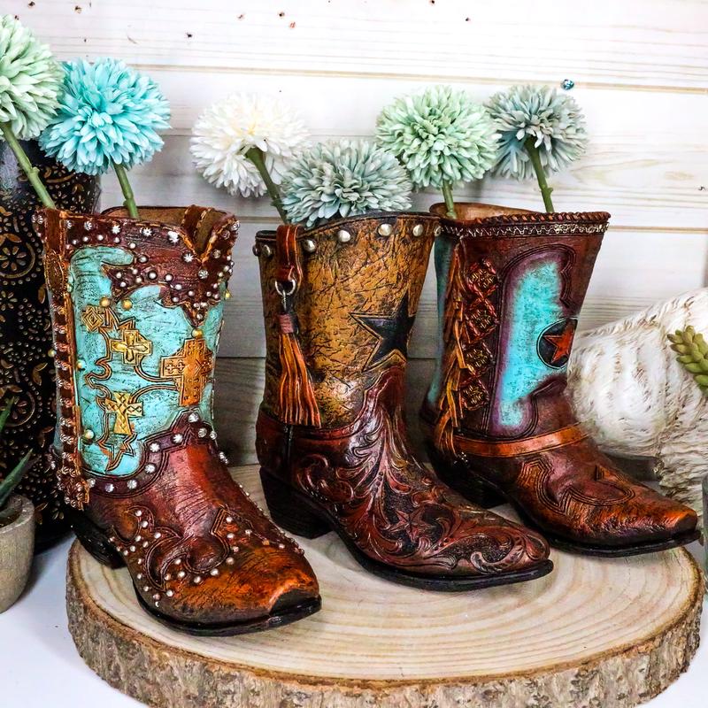 Set Of 3 Rustic Country Turquoise Cross Western Star And Frills Boot Vase Decors