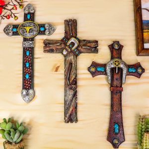 Set of 3 Rustic Western Turquoise Rocks Belt Buckle Conchos Wall Crosses Decor