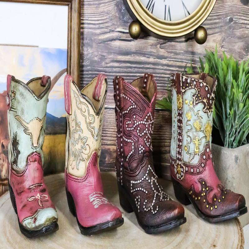 Set of 4 Western Longhorn Silver Studs Cowboy Boots Make Up Tools Pen Holders