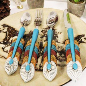 Southwest Chic Indian Turquoise Feather Flatware 1 Spoon Teaspoon Fork Knife Set