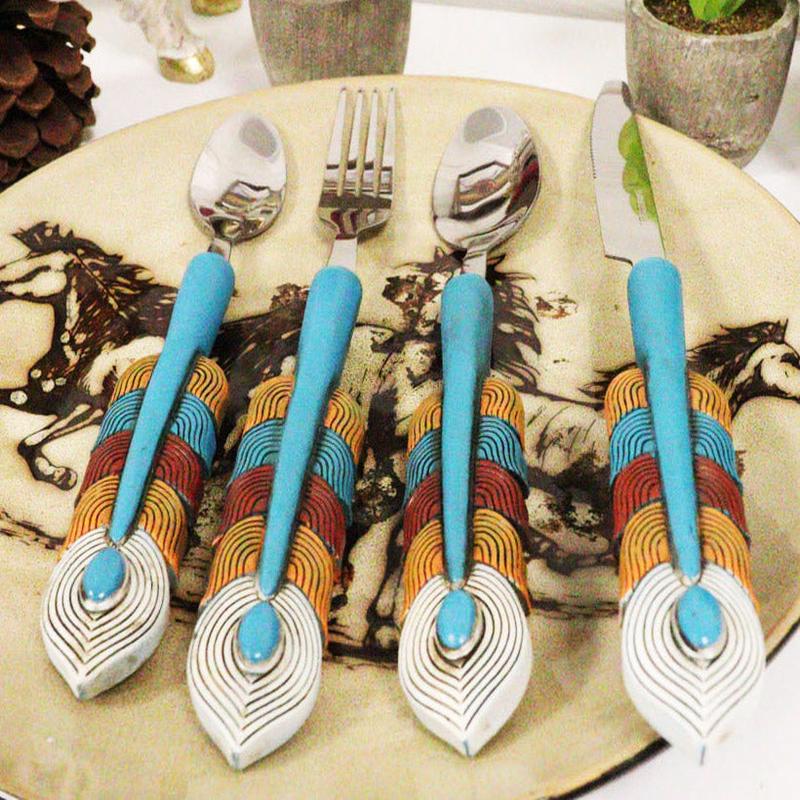 Southwest Chic Indian Turquoise Feather Flatware 4 Spoon Teaspoon Fork Knife Set