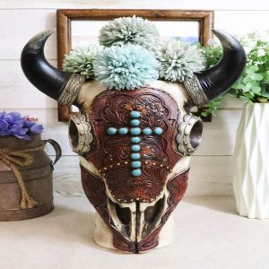 Southwest Cow Skull With Tooled Leather Mask And Turquoise Cross Vase Figurine