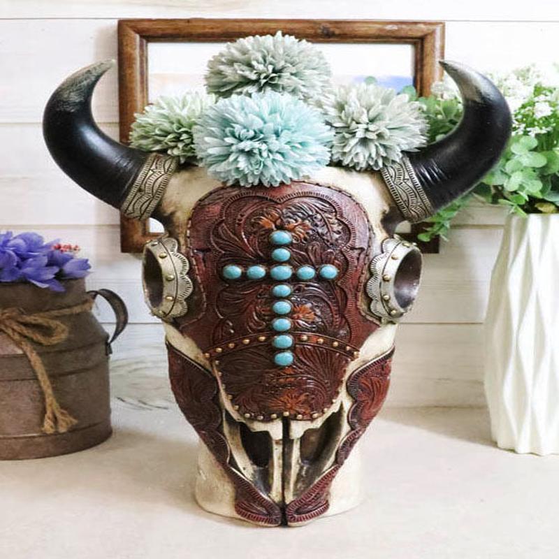 Southwest Cow Skull With Tooled Leather Mask And Turquoise Cross Vase Figurine