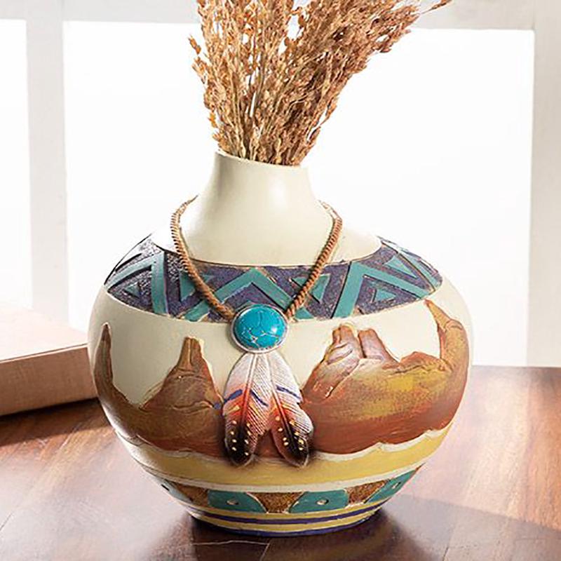 Southwestern Aztec Mayan Desert Mountains Dreamcatcher Feathers Floral Vase