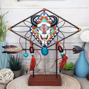 Southwestern Boho Cow Skull Arrow Dreamcatcher Feathers Desktop Plaque Figurine