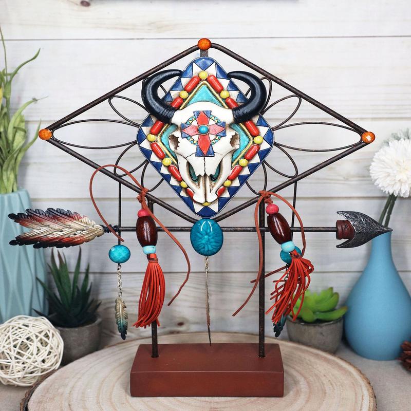 Southwestern Boho Cow Skull Arrow Dreamcatcher Feathers Desktop Plaque Figurine