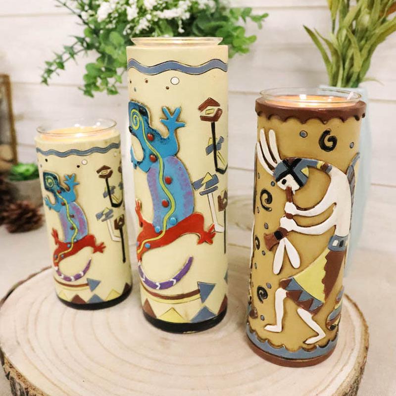 Southwestern Colorful Kokopelli God And Lizards Votive Candle Holders Set Of 3
