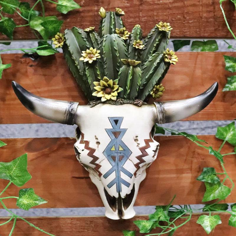 Southwestern Cow Skull With Cactus Blooms And Tribal Arrow Symbols Wall Decor