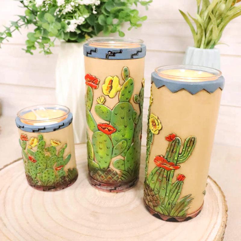 Southwestern Desert Cactus With Blooming Flowers Votive Candle Holders Set Of 3