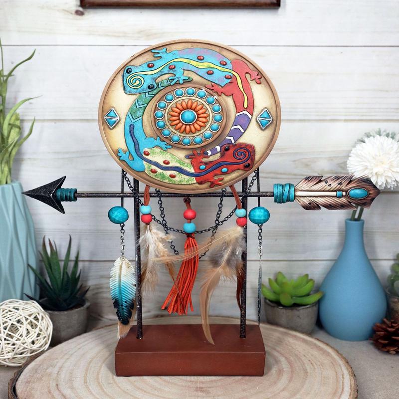 Southwestern Gecko Lizards Arrow Dreamcatcher Feathers Desktop Plaque Figurine