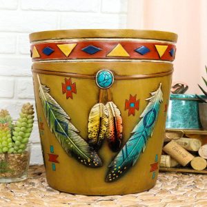 Southwestern Indian Feathers Turquoise Stone Dream Catcher Waste Basket Bin