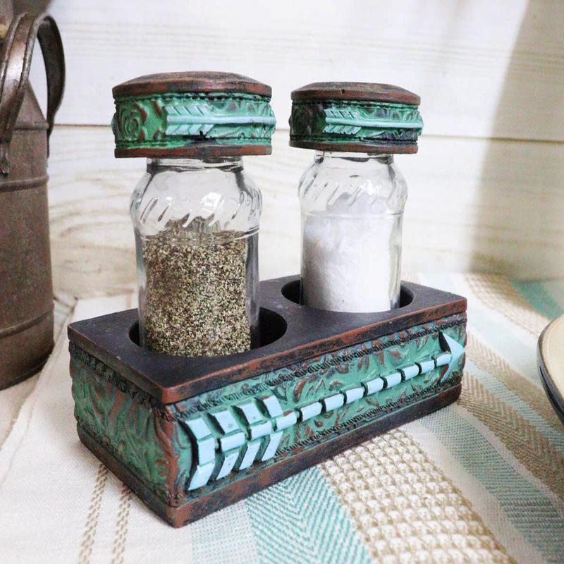 Southwestern Indian Spirit Arrow Floral Scroll Salt And Pepper Shakers Holder