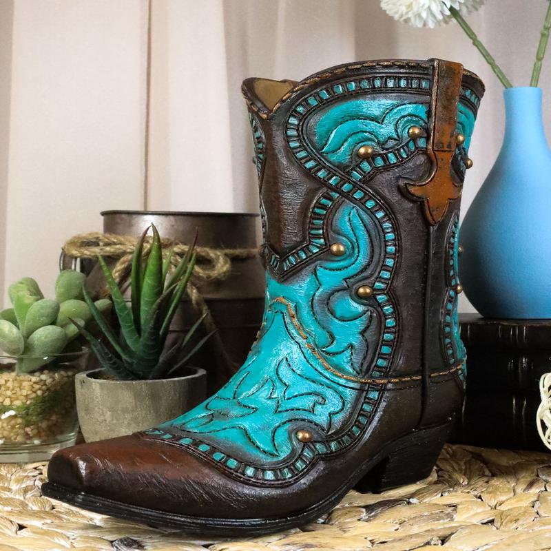 Turquoise Floral Scroll Pattern Fleur De Lis Cowboy Boot Vase Planter Figurine