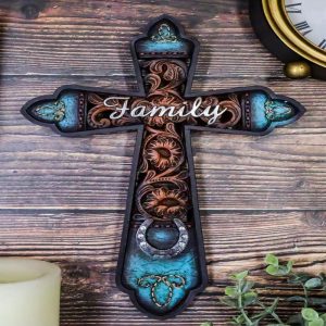 Western Family Tooled Tuscan Fleur De Lis Floral Scrollwork Horseshoe Wall Cross