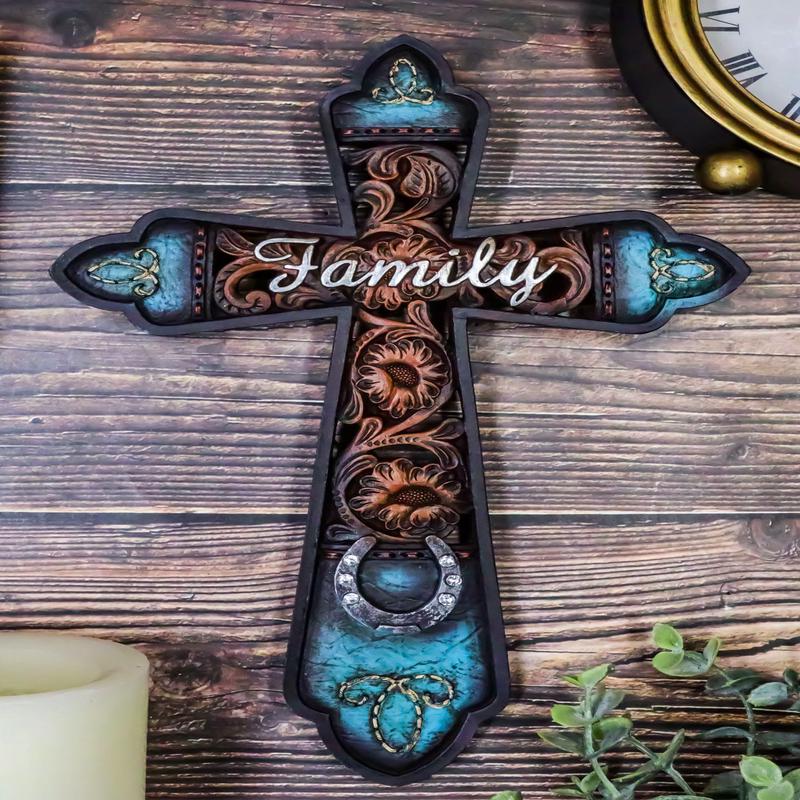 Western Family Tooled Tuscan Fleur De Lis Floral Scrollwork Horseshoe Wall Cross