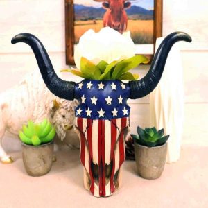 Western Patriotic US American Flag Old Faithful Longhorn Cow Skull Vase Planter