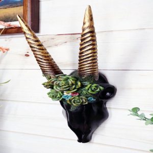 Western Rustic Black Rhim Gazelle Antelope Skull With Roses Wall Trophy Decor
