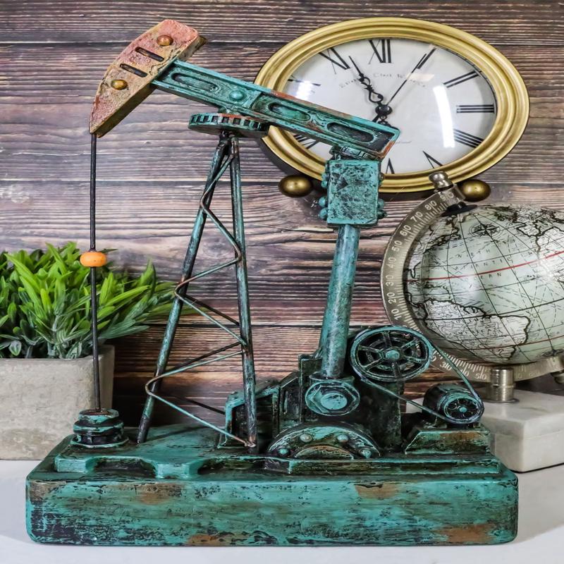 Western Rustic Green Vintage Nodding Donkey Pumpjack Oil Derrick Rig Figurine