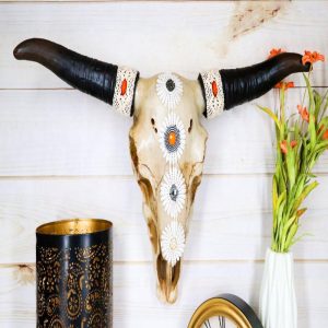 19"L Large Country Western Steer Cow Skull With White Flowers Tribal Wall Decor