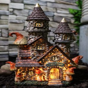 Fairy Garden LED Light Up Castle Stone House With Tall Tower Roofs Figurine