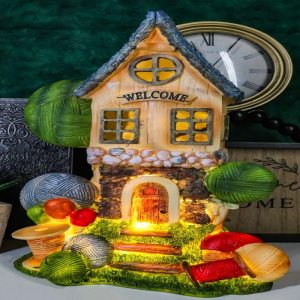 Fairy Garden LED Light Up Cottage House With Colorful Yarn Wool Welcome Sign