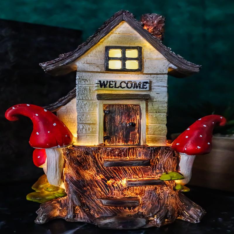 Fairy Garden LED Light Up Cottage Tree House With Toadstool Mushrooms Figurine