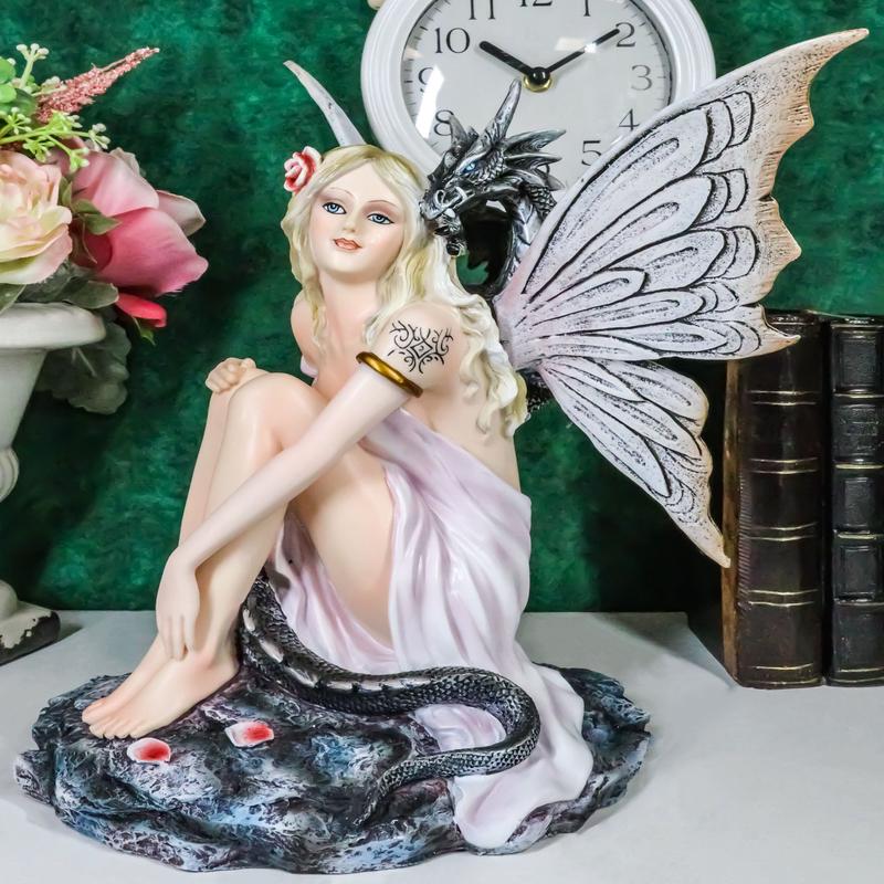 Fantasy White Tribal Celtic Tattoo Princess Fairy With Black Dragon Figurine