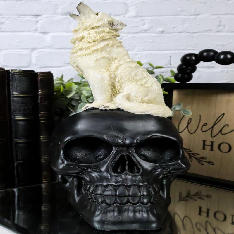 Gothic Full Moon Howling White Wolf Sitting On Black Macabre Skull Figurine