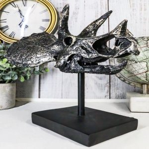 Jurassic '3 Horns' Triceratops Dinosaur Fossil Skeleton Statue With Stand 9"L
