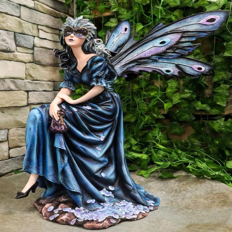Large Iridescent Winged Peacock Train Blue Masquerade Fairy With Owl Statue