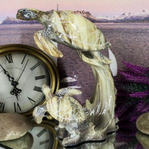 Marine Giant Sea Turtle Mother And Hatchling Baby By Corals Faux Marble Figurine