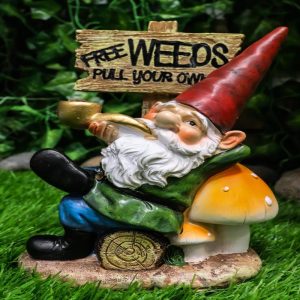 Mr Gnome Grandpa Smoking Pipe By Toadstool Mushrooms And Free Weeds Sign Statue
