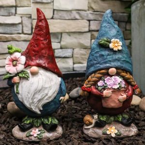 Pack Of 2 Whimsical Garden Mr And Mrs Gnome Couple Holding Flowers Figurines