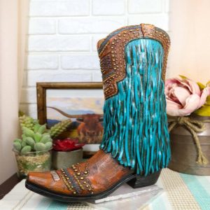 Rustic Western Country Faux Leather Cowgirl Boot Vase W/ Turquoise Frill Fringe
