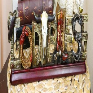 Rustic Western Cowboy Boot Hat Cow Skull Ropes God Bless Sign Desktop Plaque
