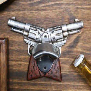 Rustic Western Cowboy Crossed Revolver Gun Pistols Wall Beer Bottle Cap Opener