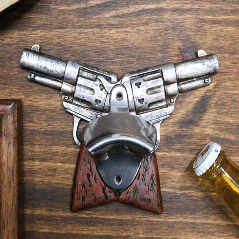 Rustic Western Cowboy Crossed Revolver Gun Pistols Wall Beer Bottle Cap Opener
