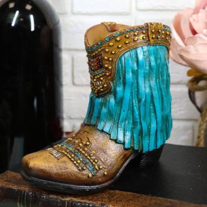 Rustic Western Cowboy Turquoise Frill Fringe Faux Leather Boot Pen Holder Decor