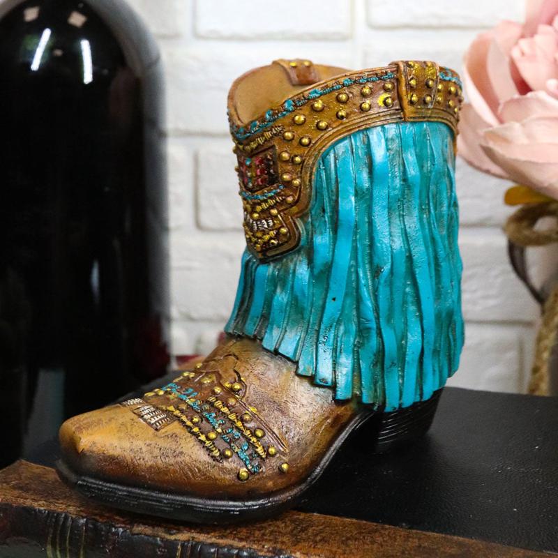 Rustic Western Cowboy Turquoise Frill Fringe Faux Leather Boot Pen Holder Decor