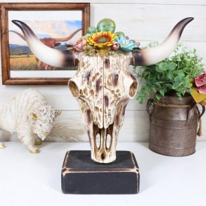 Rustic Western Faux Distressed Wood Bull Cow Skull With Floral Succulents Statue