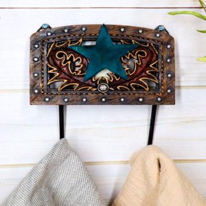 Rustic Western Lone Star Tooled Leather Bootcut Patterns 2-Peg Wall Hooks Decor