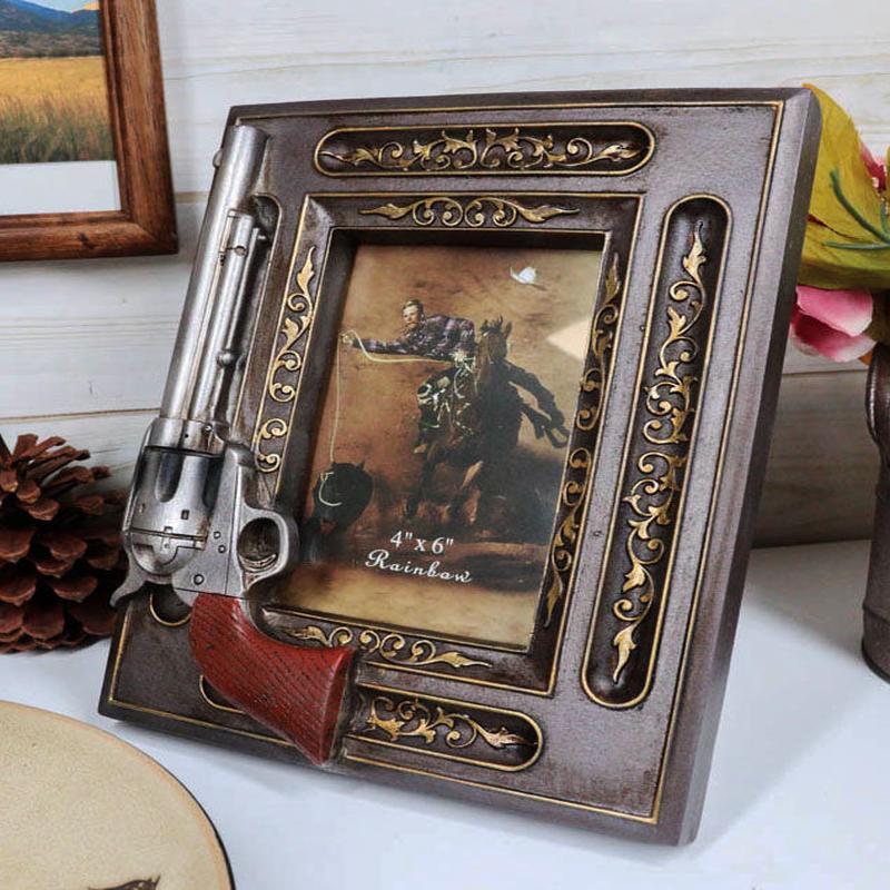 Rustic Western Revolver Gun Pistol Faux Wood 4"X6" Desktop Or Wall Picture Frame