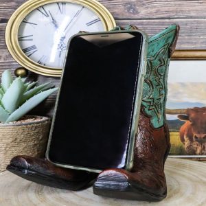Rustic Western Teal Green Tooled Leather Cowboy Boot Cell Phone Book Easel Stand